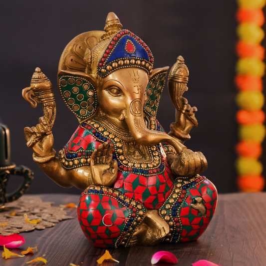 Brassaura® Brass Ganesha Statue for Home Temple Decor | Height 8 Inches