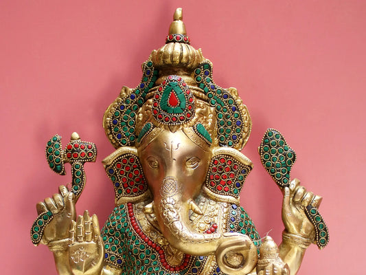 ब्रेसौरा™ स्टोन इनले के साथ बैठे भगवान गणेश | हस्तनिर्मित मोज़ेक वर्क वाला पीतल | ऊँचाई 15 इंच और वज़न 12.60 किलोग्राम