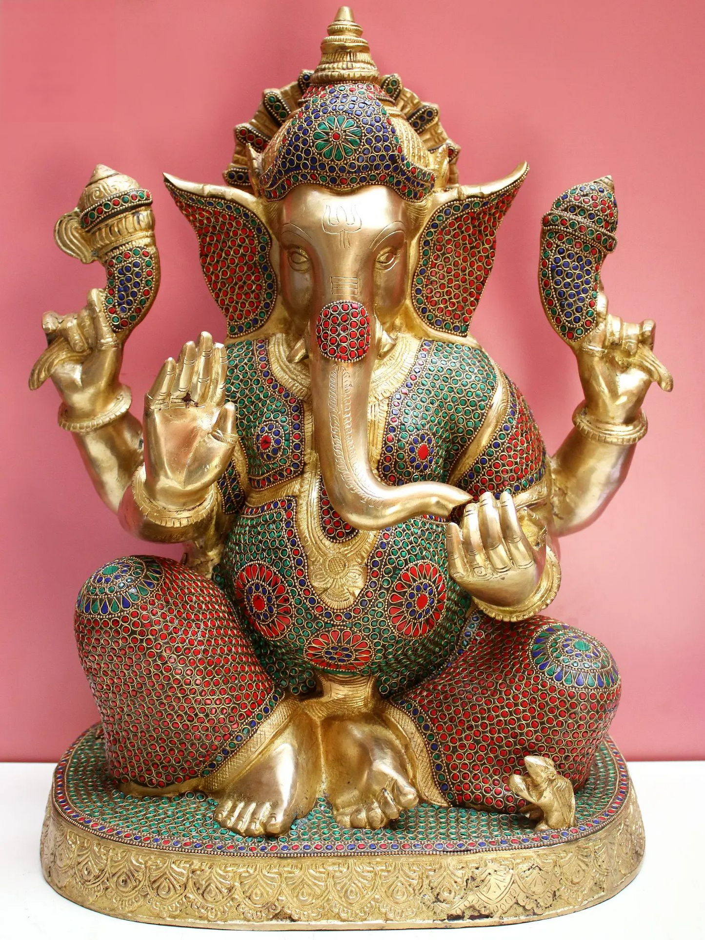 Brassaura™ Lord Ganesha with Inlay Work | Brass Statue with Red & Green Stone Detailing | Height 15 Inches & Weight 12.60 kgs