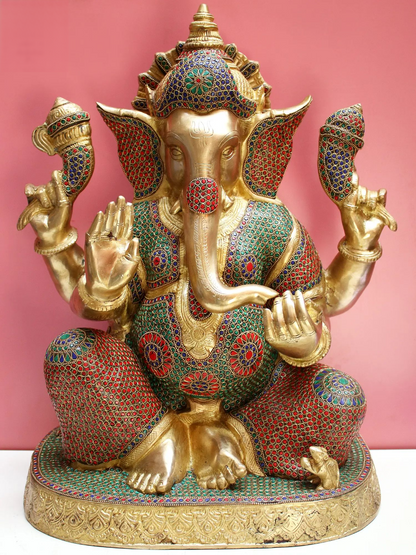 Brassaura™ Lord Ganesha with Inlay Work | Brass Statue with Red & Green Stone Detailing | Height 15 Inches & Weight 12.60 kgs