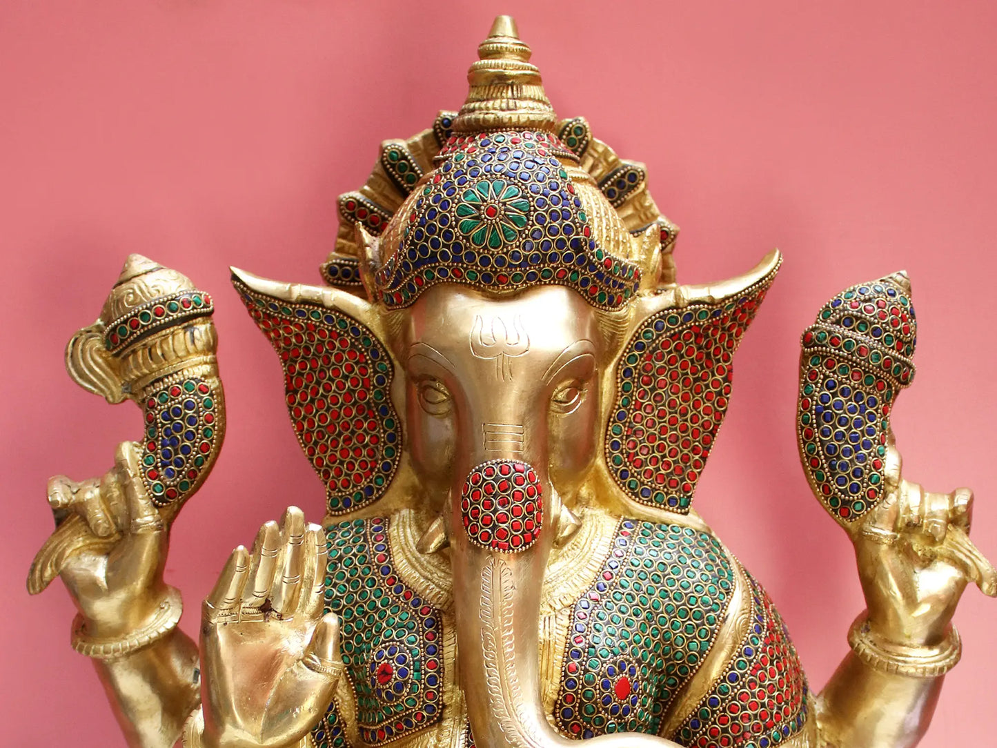 Brassaura™ Lord Ganesha with Inlay Work | Brass Statue with Red & Green Stone Detailing | Height 15 Inches & Weight 12.60 kgs