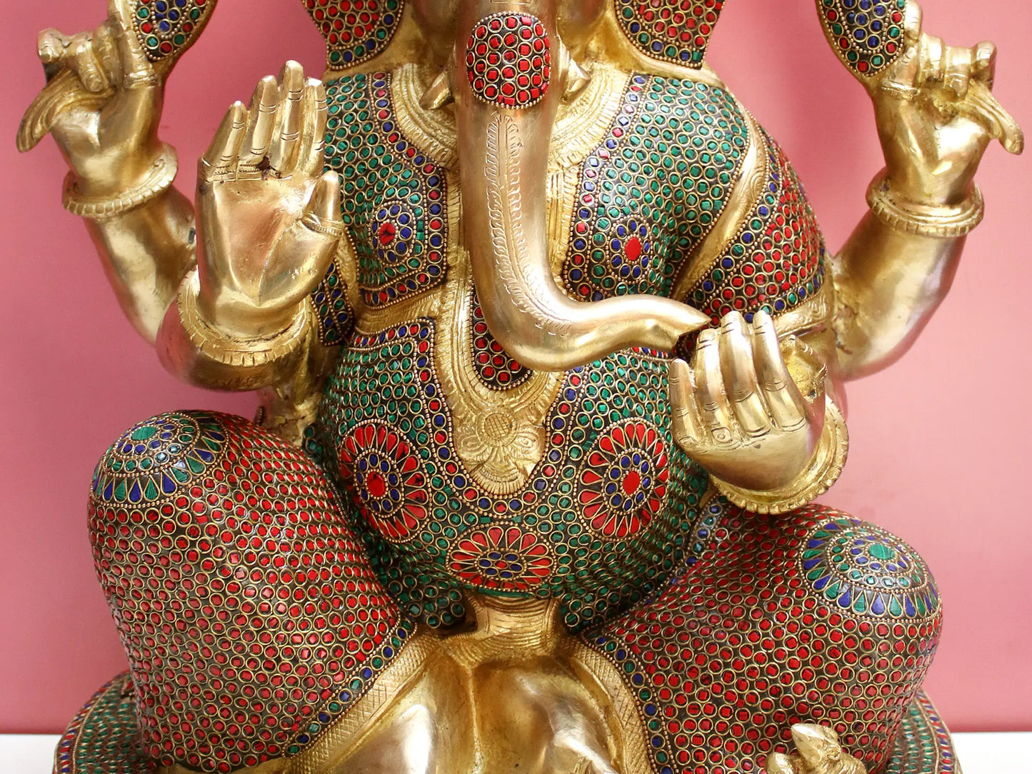 Brassaura™ Lord Ganesha with Inlay Work | Brass Statue with Red & Green Stone Detailing | Height 15 Inches & Weight 12.60 kgs