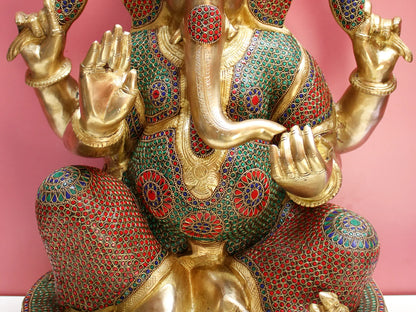 Brassaura™ Lord Ganesha with Inlay Work | Brass Statue with Red & Green Stone Detailing | Height 15 Inches & Weight 12.60 kgs
