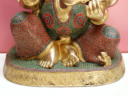 Brassaura™ Lord Ganesha with Inlay Work | Brass Statue with Red & Green Stone Detailing | Height 15 Inches & Weight 12.60 kgs