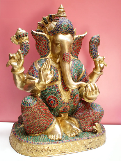 Brassaura™ Lord Ganesha with Inlay Work | Brass Statue with Red & Green Stone Detailing | Height 15 Inches & Weight 12.60 kgs