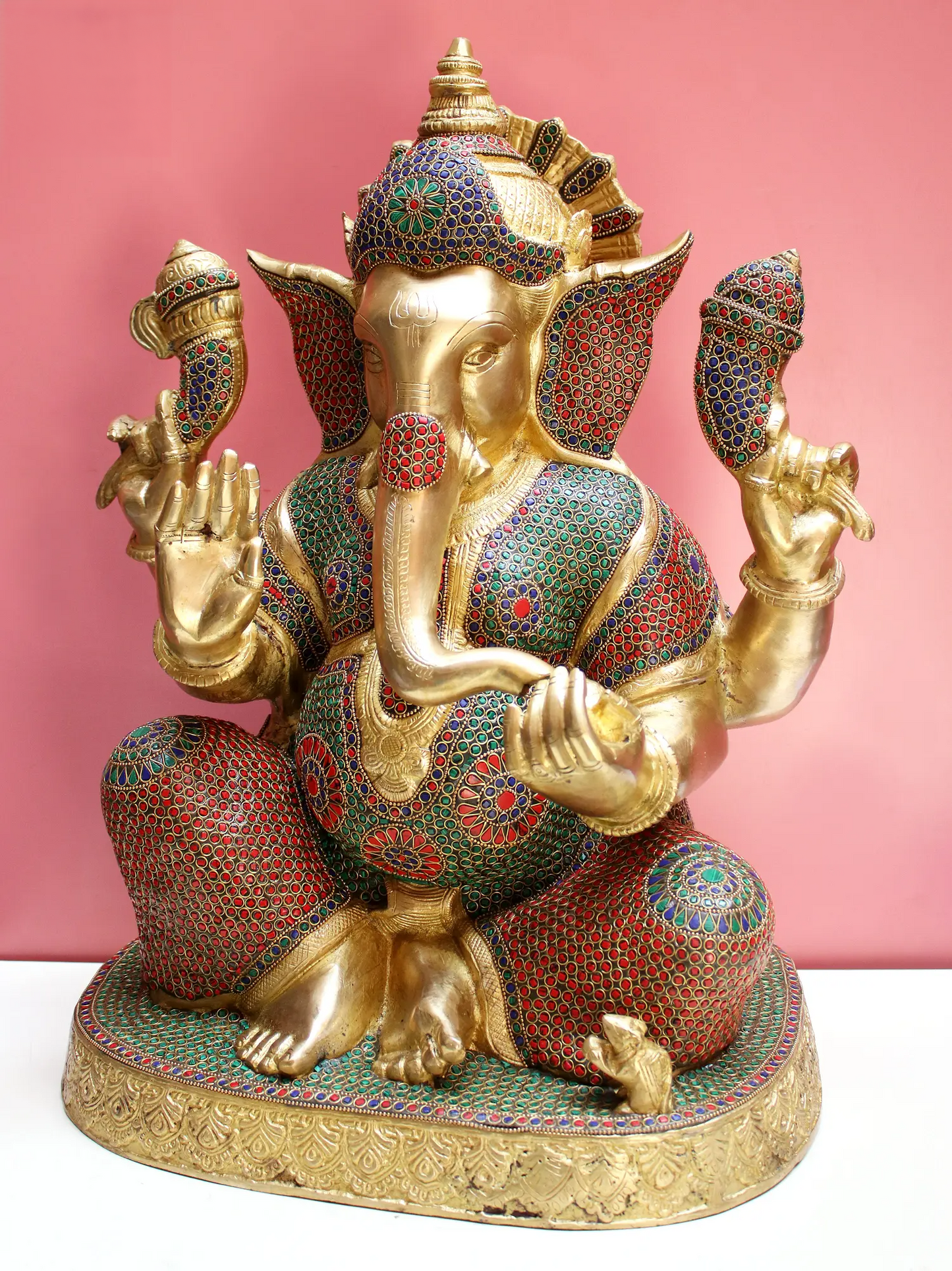 Brassaura™ Lord Ganesha with Inlay Work | Brass Statue with Red & Green Stone Detailing | Height 15 Inches & Weight 12.60 kgs