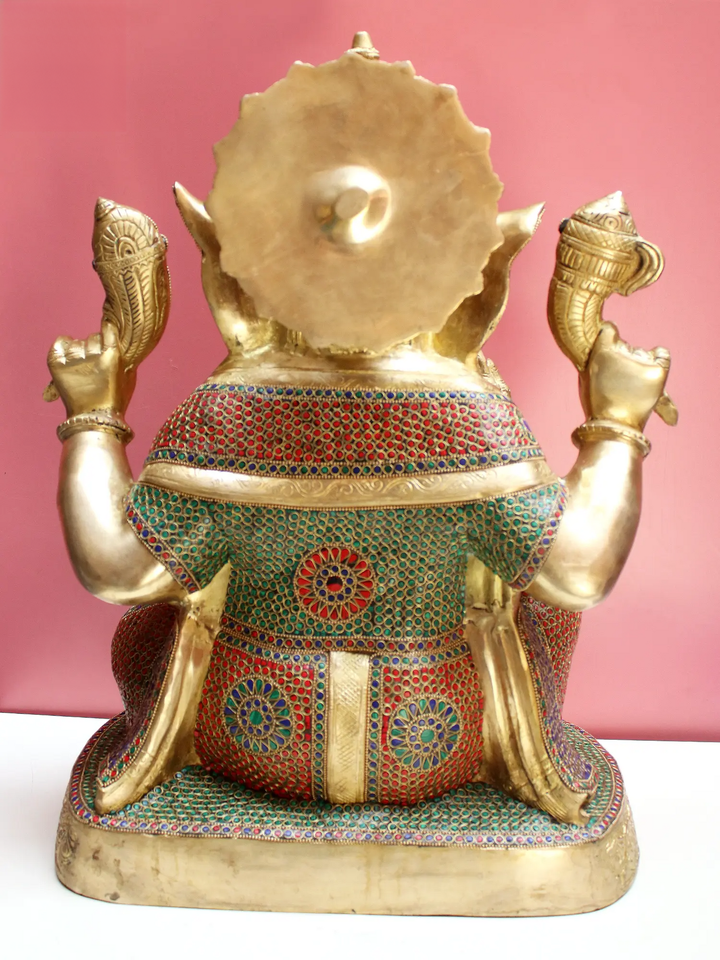 Brassaura™ Lord Ganesha with Inlay Work | Brass Statue with Red & Green Stone Detailing | Height 15 Inches & Weight 12.60 kgs