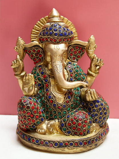 Brassaura® Brass Ganesha with Inlay Work | Multicolor Stone Detailing | Height 5.9 Inches & Weight 2.30 kgs