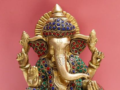 Brassaura® Brass Ganesha with Inlay Work | Multicolor Stone Detailing | Height 5.9 Inches & Weight 2.30 kgs