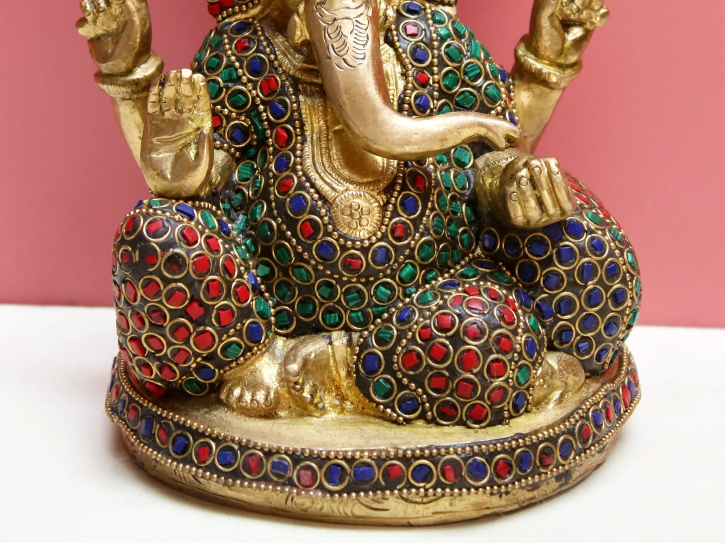 Brassaura® Brass Ganesha with Inlay Work | Multicolor Stone Detailing | Height 5.9 Inches & Weight 2.30 kgs