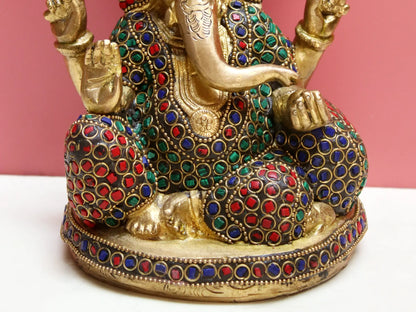 Brassaura® Brass Ganesha with Inlay Work | Multicolor Stone Detailing | Height 5.9 Inches & Weight 2.30 kgs