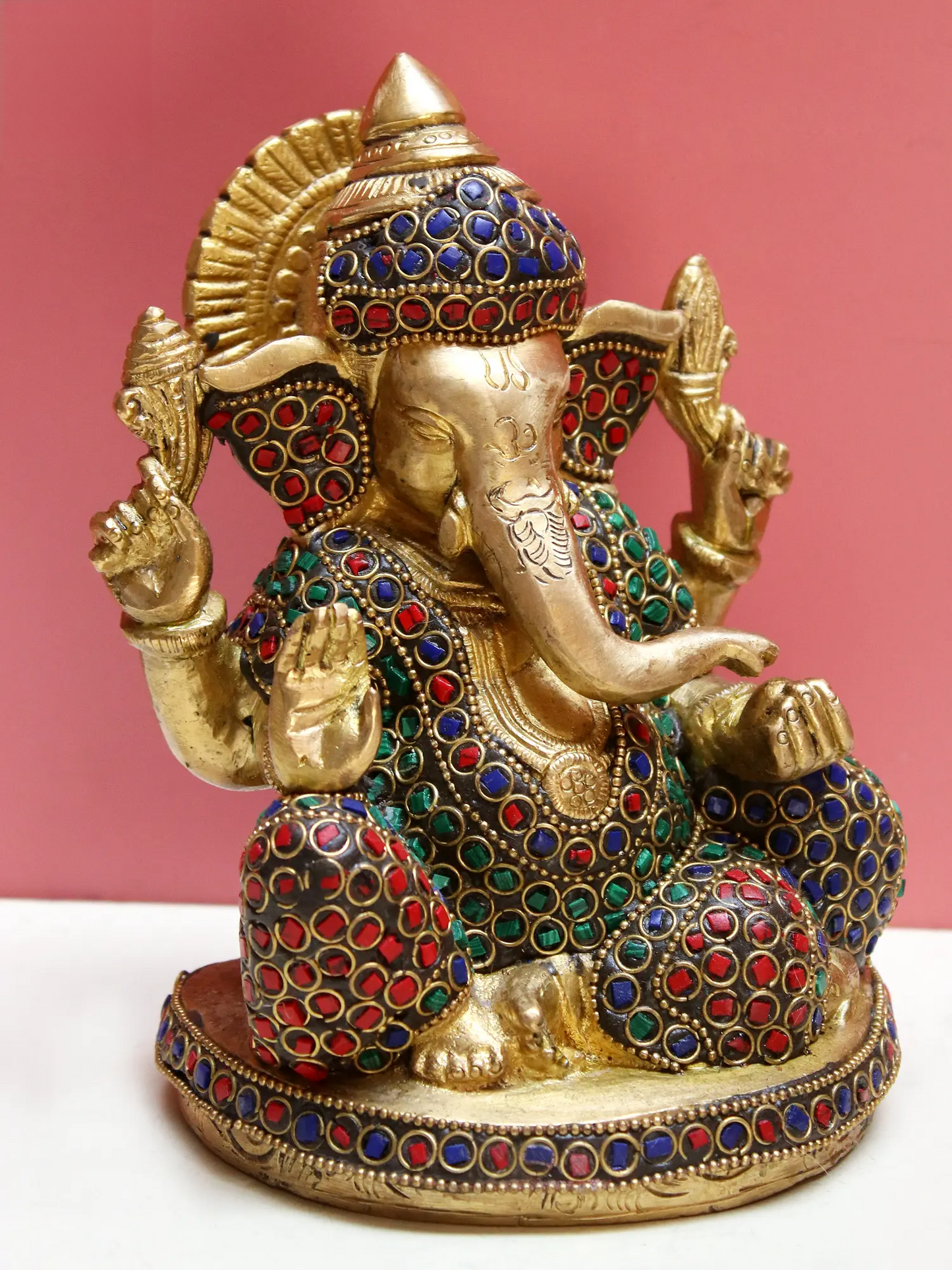 Brassaura® Brass Ganesha with Inlay Work | Multicolor Stone Detailing | Height 5.9 Inches & Weight 2.30 kgs