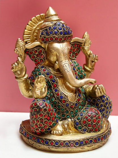 Brassaura® Brass Ganesha with Inlay Work | Multicolor Stone Detailing | Height 5.9 Inches & Weight 2.30 kgs