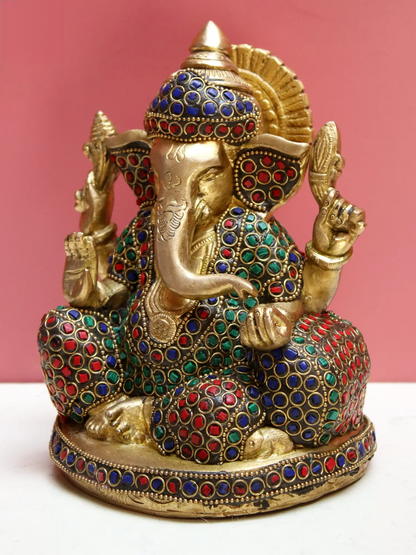 Brassaura® Brass Ganesha with Inlay Work | Multicolor Stone Detailing | Height 5.9 Inches & Weight 2.30 kgs