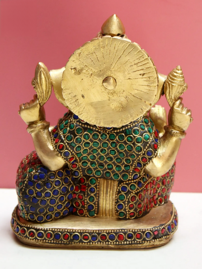 Brassaura® Brass Ganesha with Inlay Work | Multicolor Stone Detailing | Height 5.9 Inches & Weight 2.30 kgs