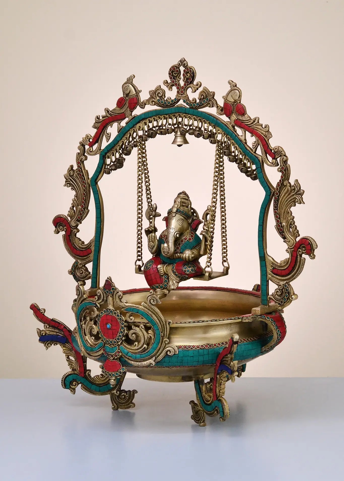 Brassaura® Brass Ganesha Jhula Urli with Inlay Work | Height 24 Inches | Weight 14.25 kgs