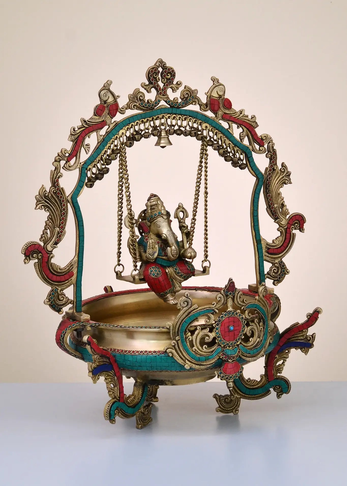 Brassaura® Brass Ganesha Jhula Urli with Inlay Work | Height 24 Inches | Weight 14.25 kgs