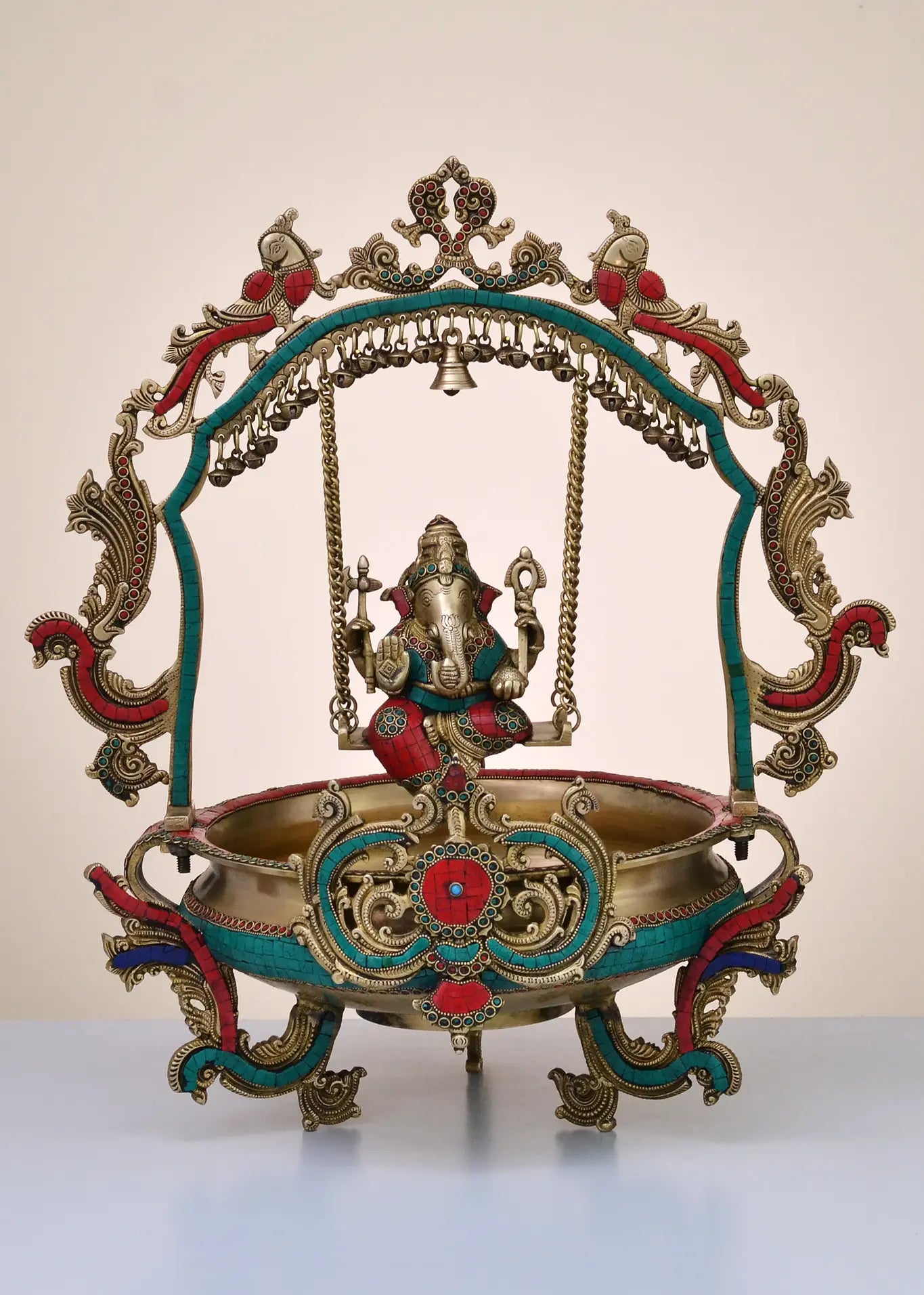 Brassaura® Brass Ganesha Jhula Urli with Inlay Work | Height 24 Inches | Weight 14.25 kgs