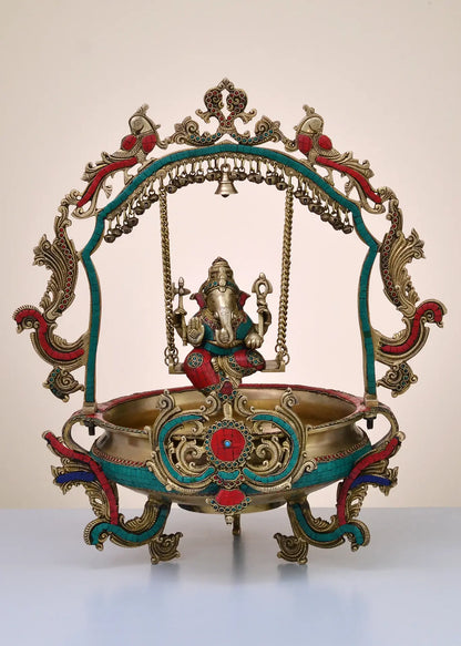 Brassaura® Brass Ganesha Jhula Urli with Inlay Work | Height 24 Inches | Weight 14.25 kgs