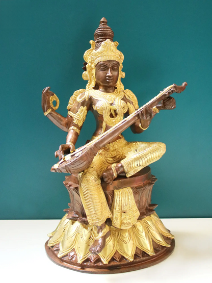 Brassaura® Brass Goddess Saraswati Statue | Height 13.6 Inches & Weight 7.60 kg