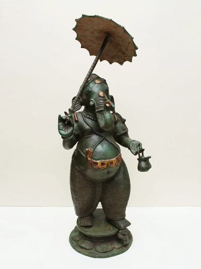 Brassaura® Lord Ganesha with Parasol and Kamandalu | Pure Brass | Height 28 Inches & Weight 16 kgs