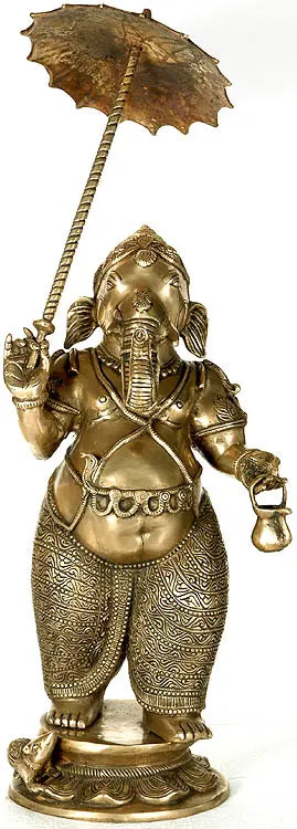 Brassaura® Lord Ganesha with Parasol and Kamandalu | Pure Brass | Height 28 Inches & Weight 16 kgs