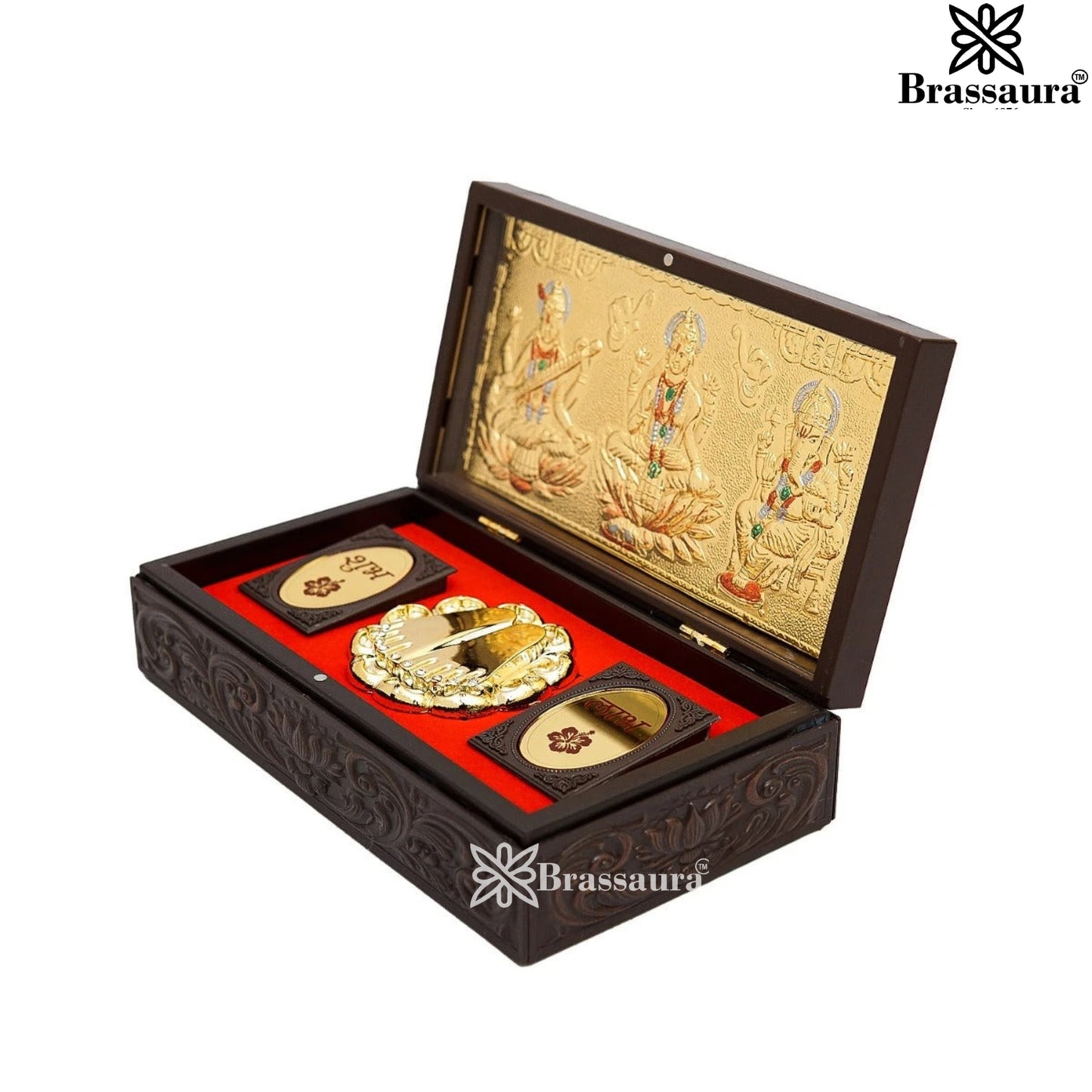 Brass Royal Golden Lakshmi Ganesh Saraswati Weight 0.5 Kg & Height 2.5 Inch