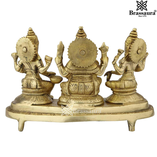 ब्रासौड़ा® हस्तनिर्मित पीतल की प्राचीन लक्ष्मी गणेश सरस्वती प्रतिमा - ऊंचाई 6.5 इंच | भक्तिपूर्ण सजावट,