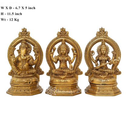 Brassaura™ Artistic Brass Antique Laxmi Ganesha Saraswati Idol – Height 11.5 Inches & Weight 12 Kgs | Devotional Accent