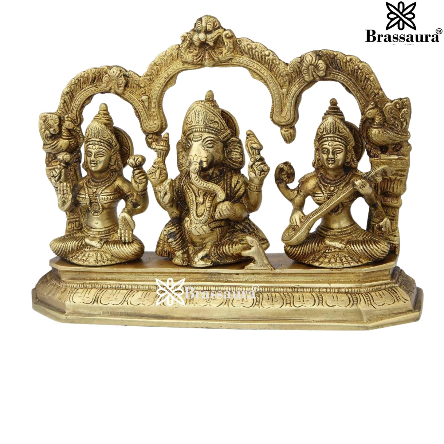 Brassaura™ Brass Antique Laxmi Ganesha Saraswati Murti – Height 7 Inches & Weight 2.9 Kgs | Home & Temple Idol
