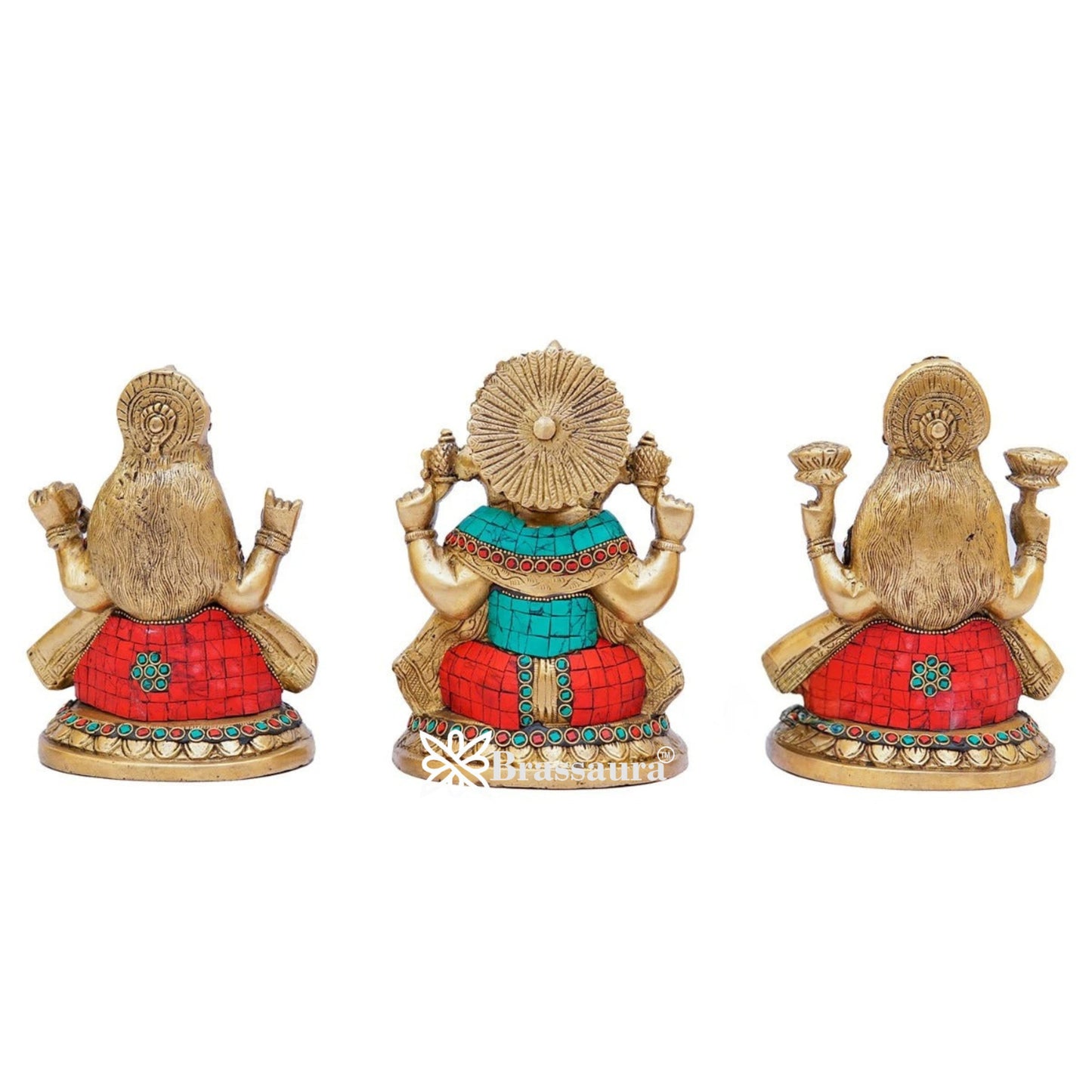 Brassaura™ Premium Brass Gem Stone Work Laxmi Ganesha Saraswati Idol – Height 8 Inches & Weight 8.5 Kgs | Hindu God Sculpture