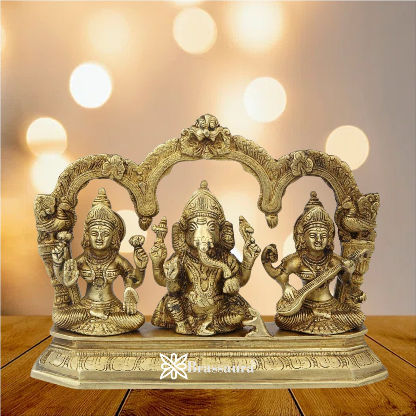 Brassaura™ Brass Antique Laxmi Ganesha Saraswati Murti – Height 7 Inches & Weight 2.9 Kgs | Home & Temple Idol
