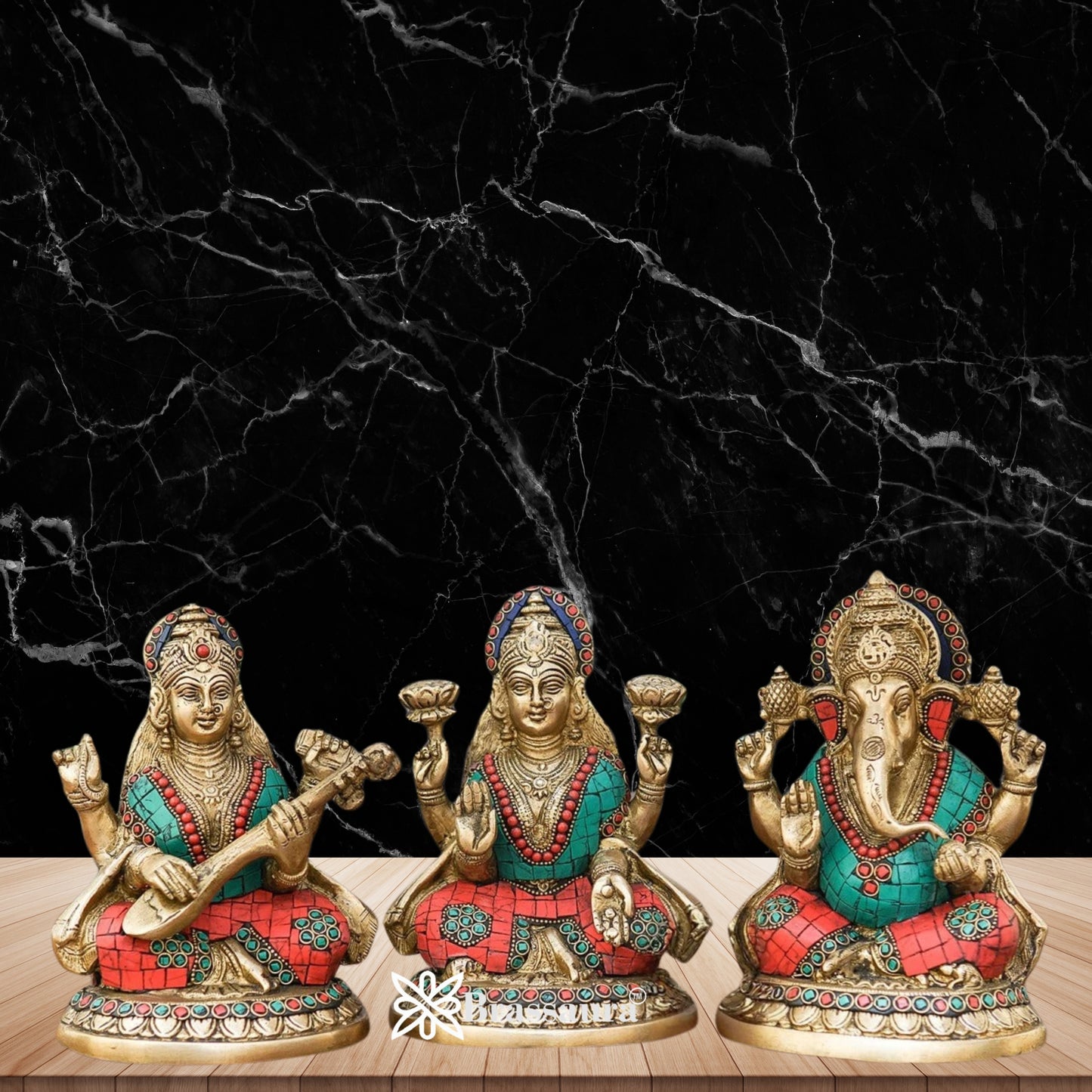 Brassaura™ Premium Brass Gem Stone Work Laxmi Ganesha Saraswati Idol – Height 8 Inches & Weight 8.5 Kgs | Hindu God Sculpture