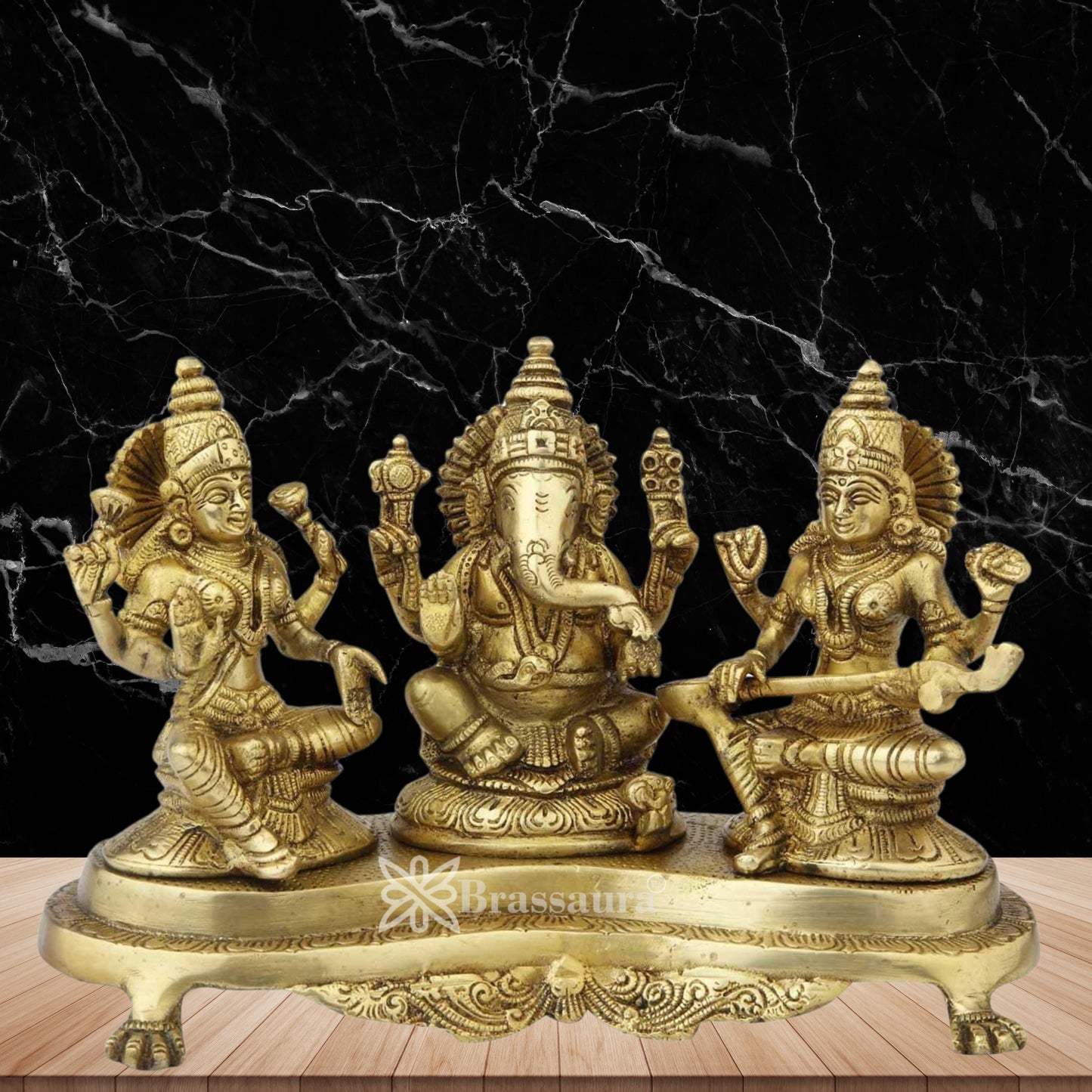 Brassaura™ Handcrafted Brass Antique Laxmi Ganesha Saraswati Statue – Height 6.5" & Weight 3.2 Kgs | Devotional Décor,