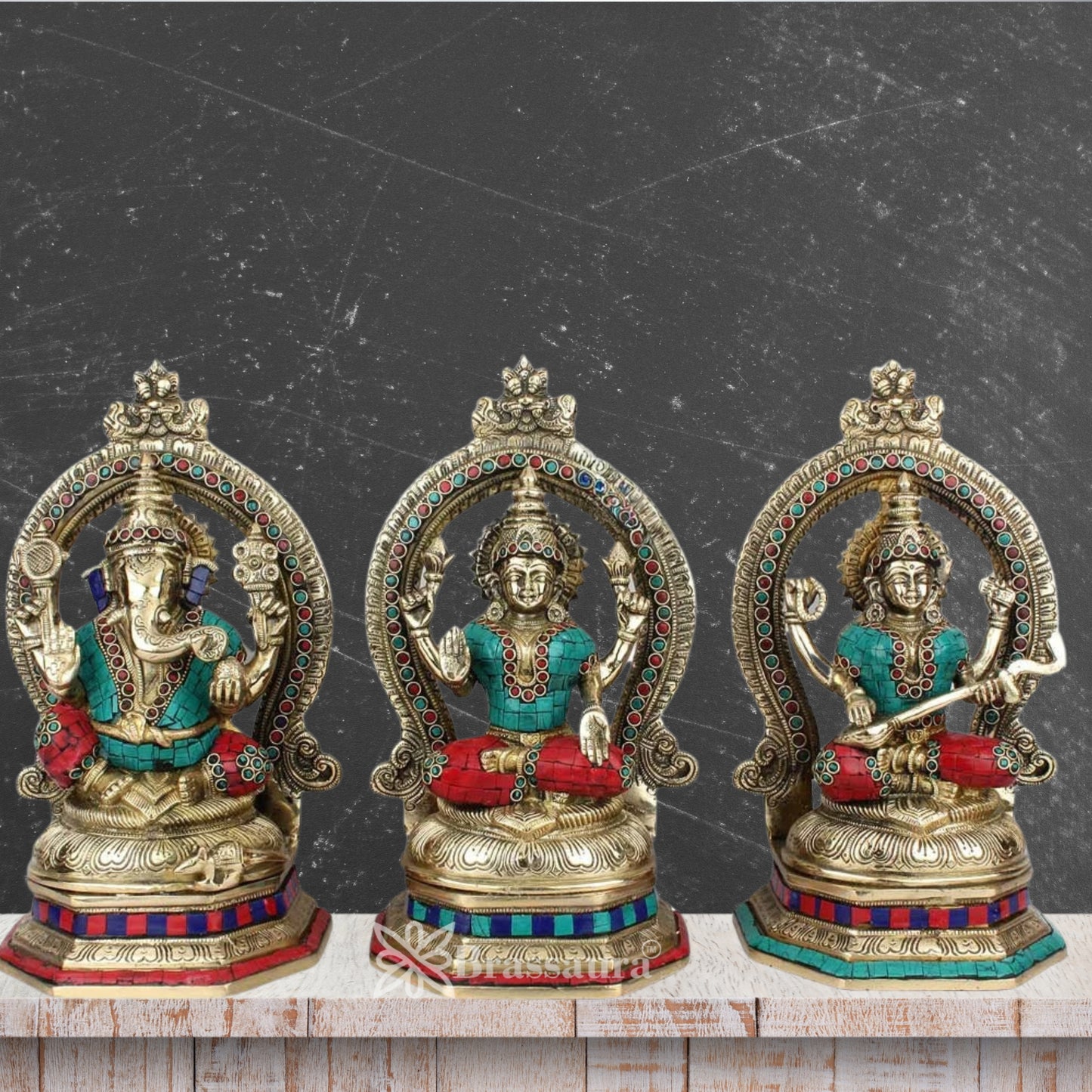 Brassaura™ Artistic Brass Gemstone Laxmi Ganesha Saraswati Statue – Height 11.5 Inches & Weight 12.6 Kgs | Puja Room Idol
