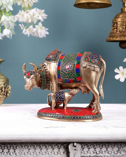 Brassaura® Brass Cow and Calf Statue | Height 7 Inches