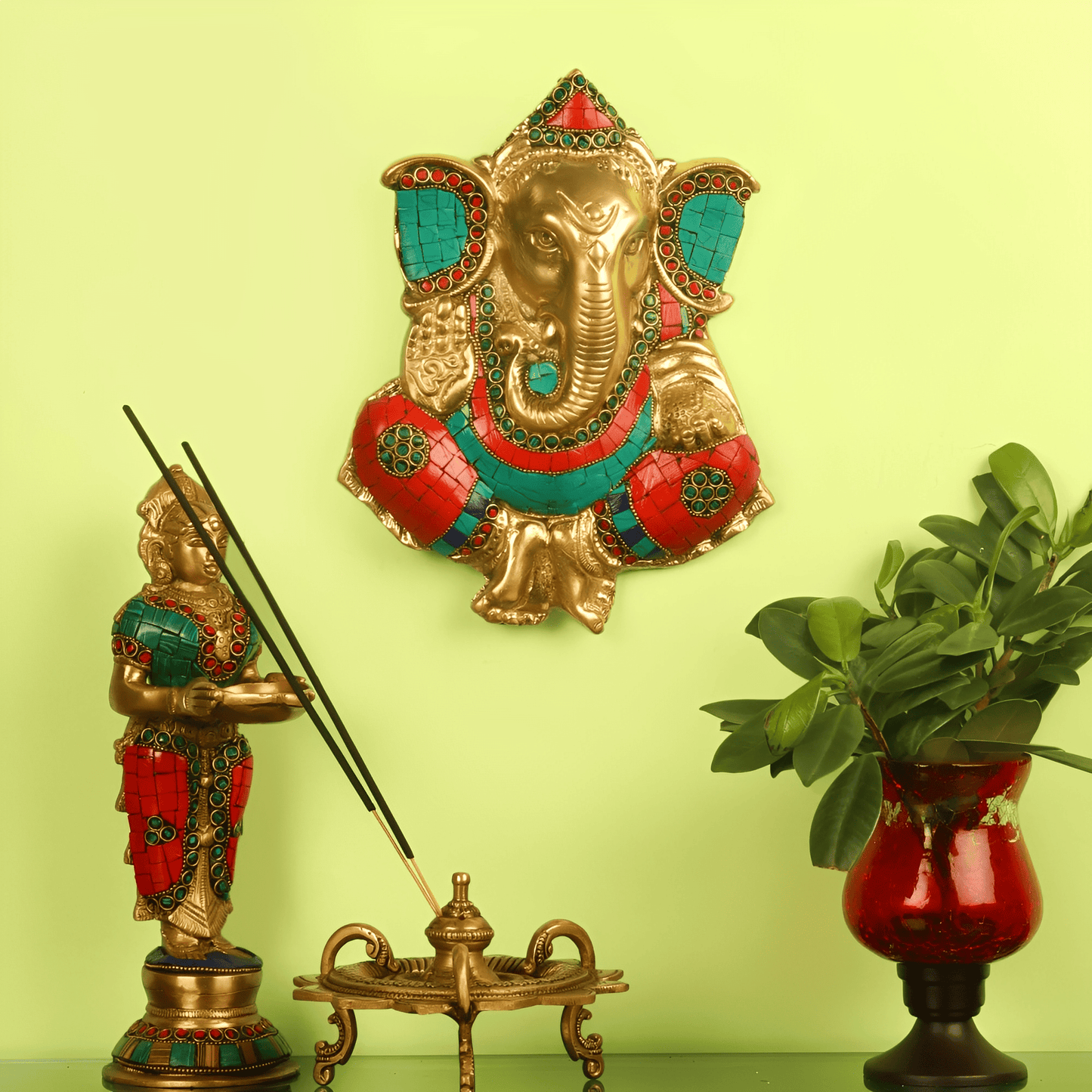 Brassaura® Handcrafted Brass Ganapathi Wall Hanging with Natural Stone | Height 9 Inches