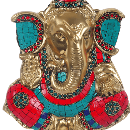 Brassaura® Handcrafted Brass Ganapathi Wall Hanging with Natural Stone | Height 9 Inches