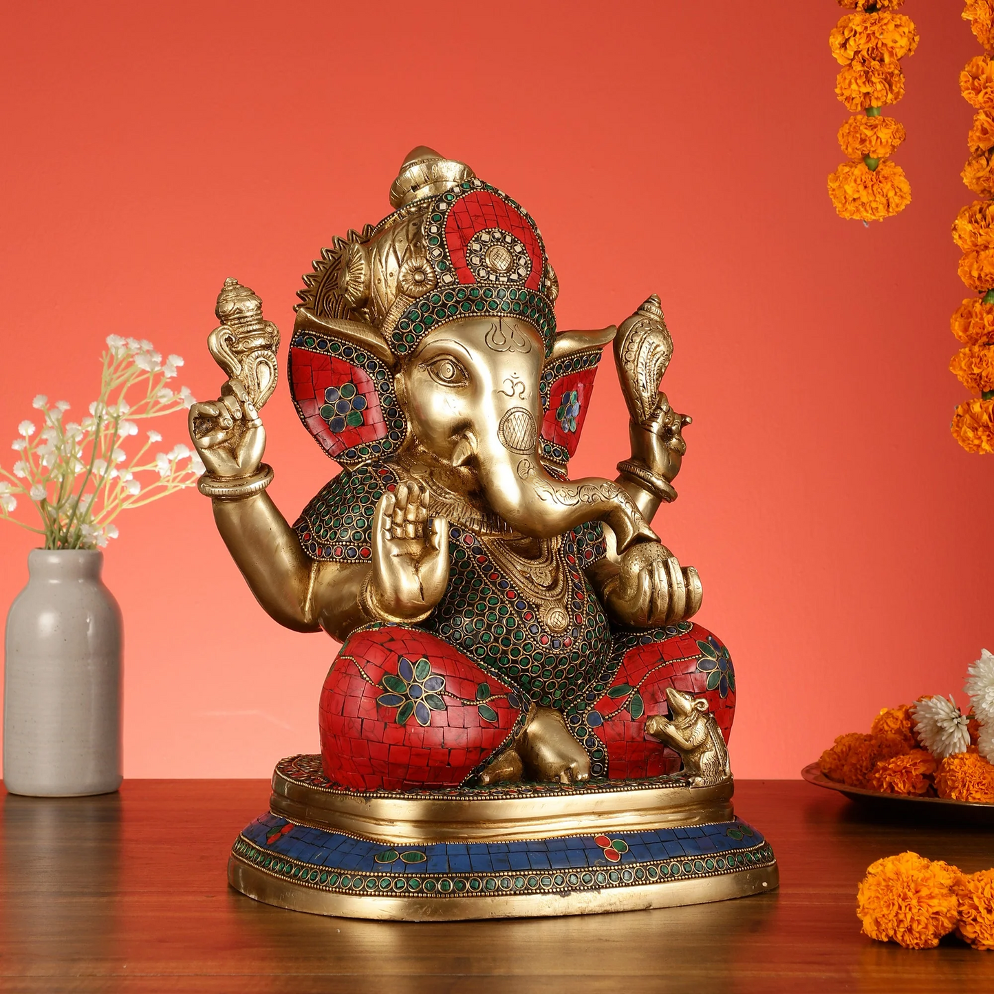 Brassaura™ Taj Ganesha Brass Idol on Engraved Base | Handcrafted Spiritual Showpiece | Weight 12.5 Kgs | Height 14.5 Inches