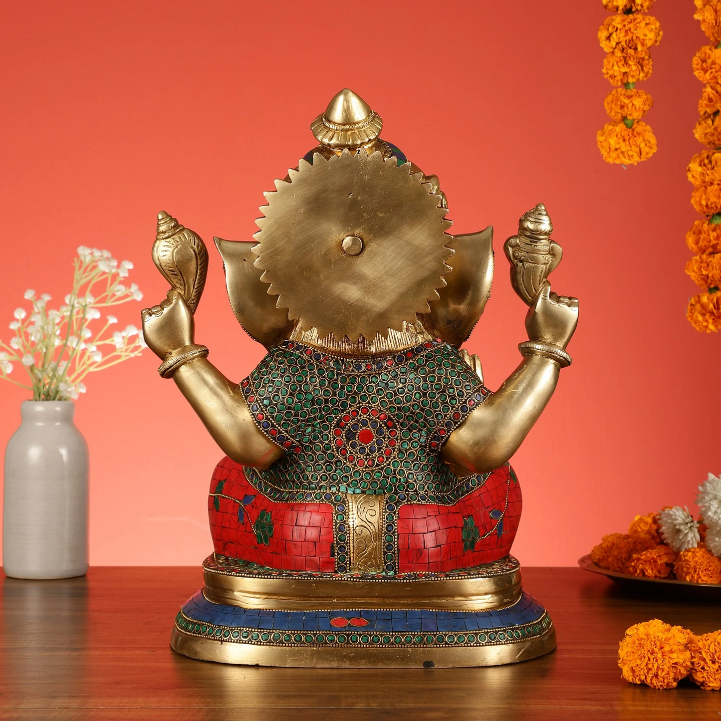 Brassaura™ Taj Ganesha Brass Idol on Engraved Base | Handcrafted Spiritual Showpiece | Weight 12.5 Kgs | Height 14.5 Inches