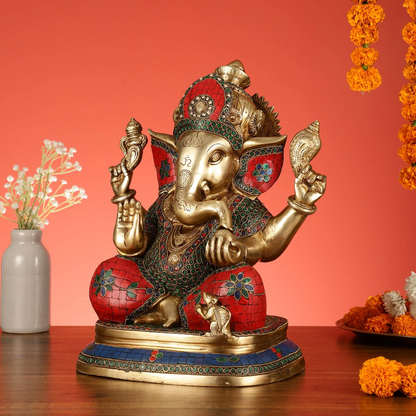 Brassaura™ Taj Ganesha Brass Idol on Engraved Base | Handcrafted Spiritual Showpiece | Weight 12.5 Kgs | Height 14.5 Inches