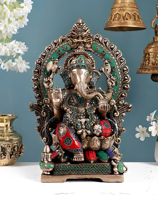 Brassaura® Brass Ganesha Statue with Pastel Stonework | Height 18 Inches