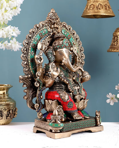 Brassaura® Brass Ganesha Statue with Pastel Stonework | Height 18 Inches