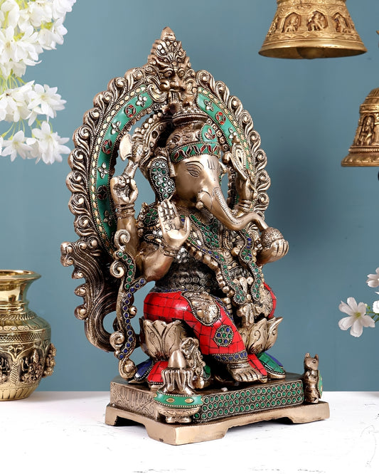 Brassaura® Brass Ganesha Statue with Pastel Stonework | Height 18 Inches