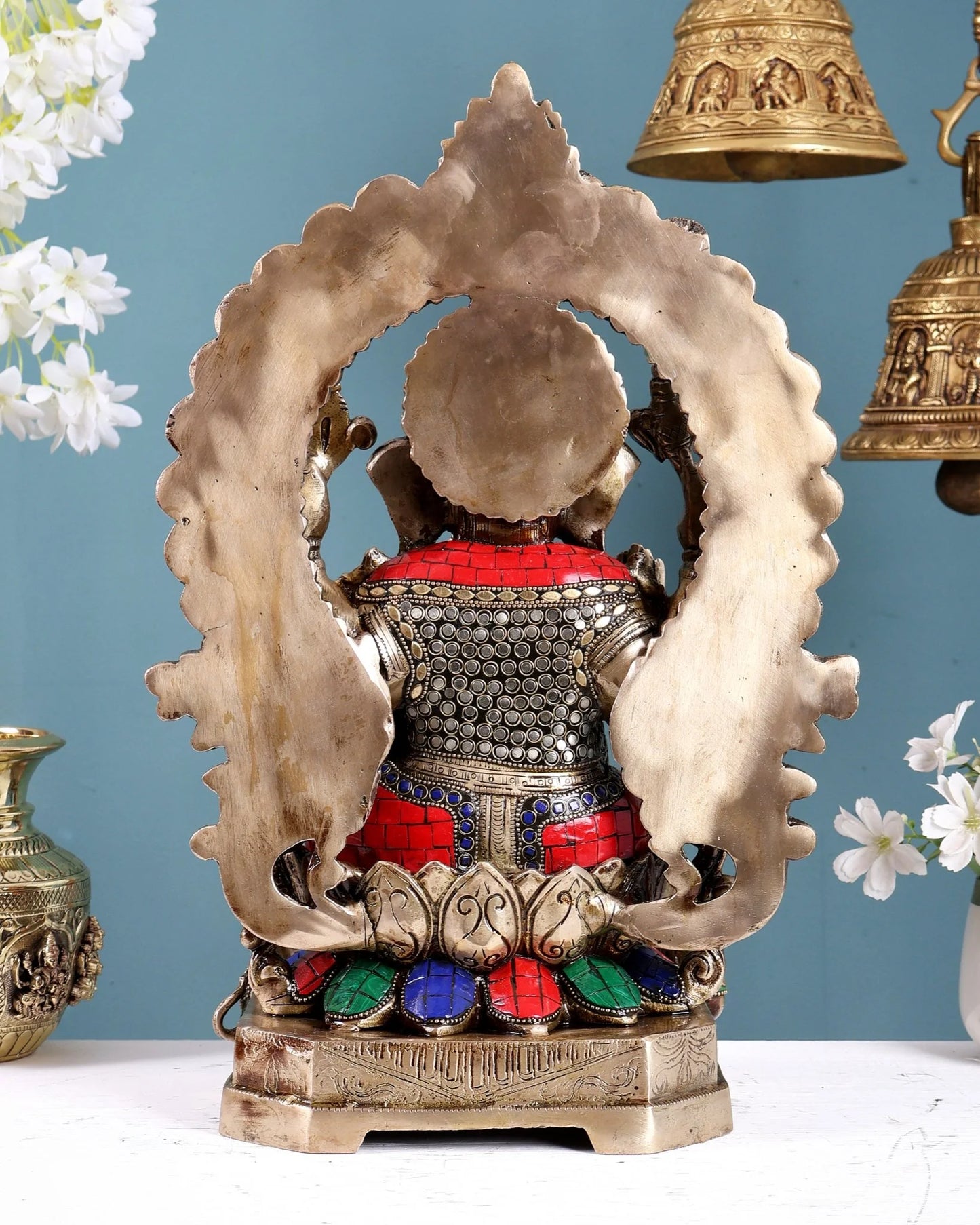 Brassaura® Brass Ganesha Statue with Pastel Stonework | Height 18 Inches