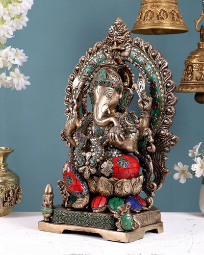 Brassaura® Brass Ganesha Statue with Pastel Stonework | Height 18 Inches