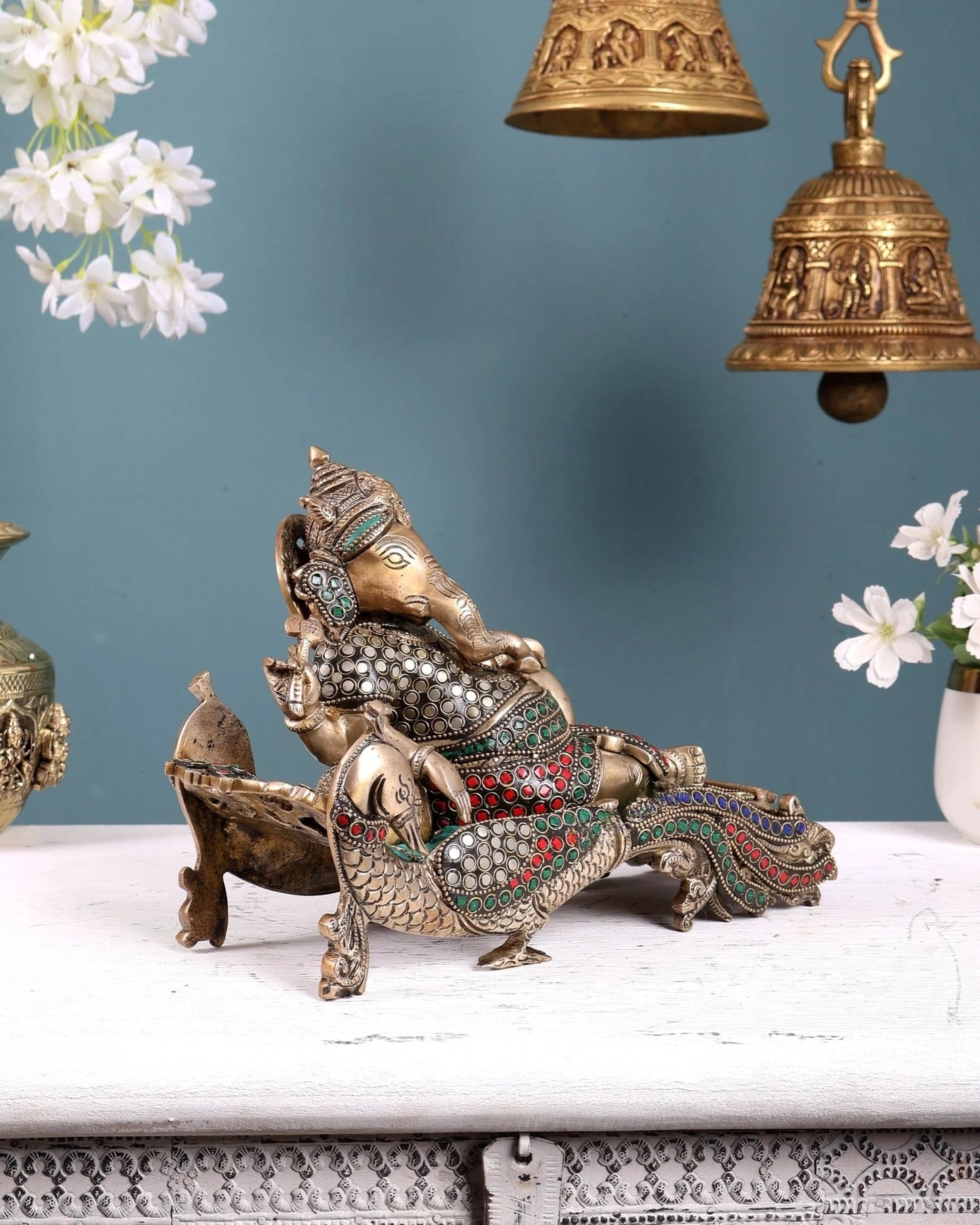 Brassaura® Brass Ganapathi on Peacock Throne Statue | Height 7.5 Inches