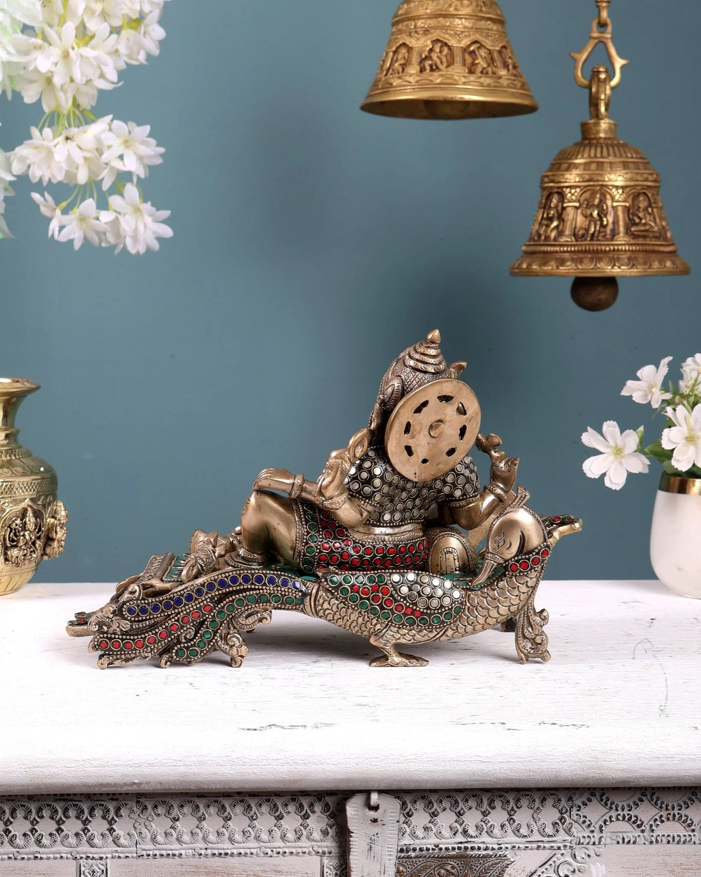 Brassaura® Brass Ganapathi on Peacock Throne Statue | Height 7.5 Inches
