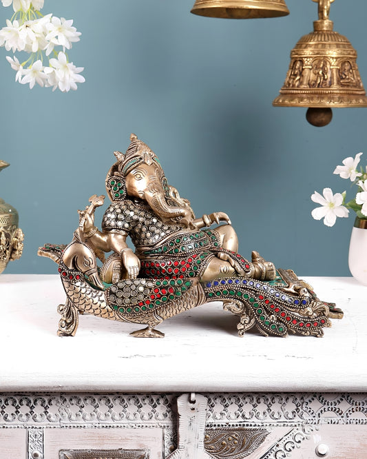 Brassaura® Brass Ganapathi on Peacock Throne Statue | Height 7.5 Inches