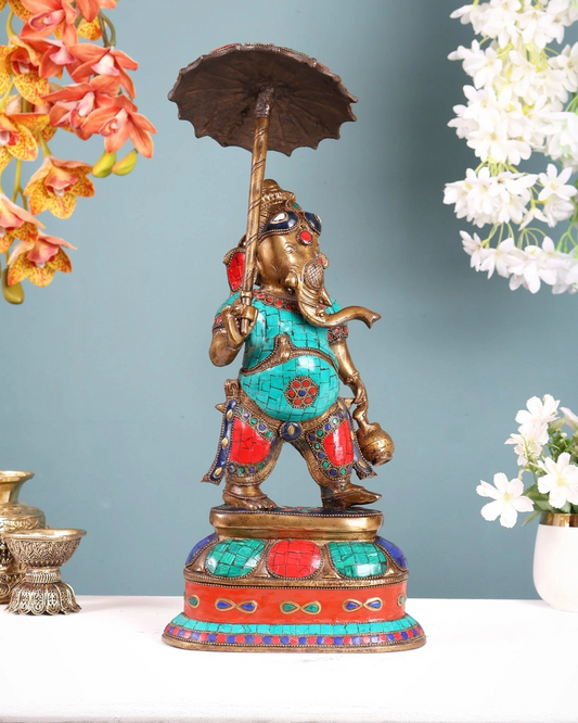 Brassaura® Brass Ganesha Statue with Umbrella & Kamandal | Height 15 Inches